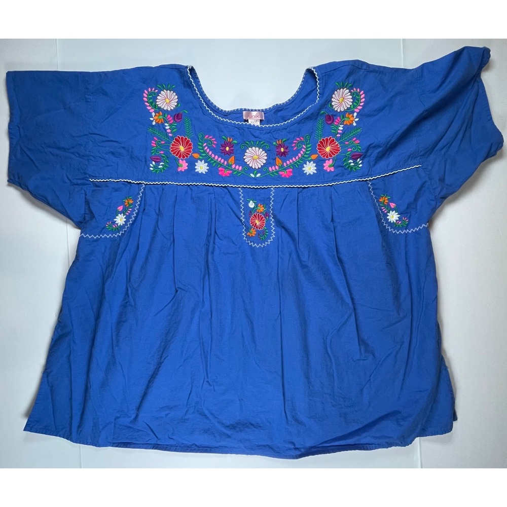 Unik Peasant Blouse Women XXXL Blue Floral Embroidered Cotton Ric Rac Top